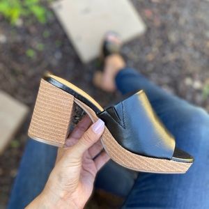 Black faux leather women sandals.